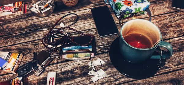 High angle view of coffee cup on table