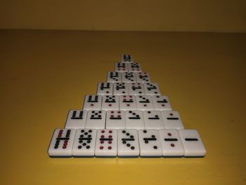 High angle view of piano on table against yellow background