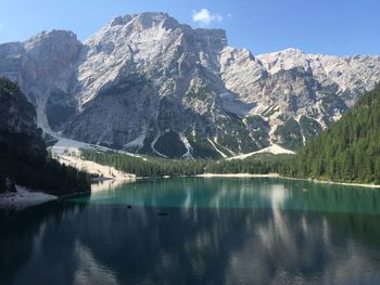 Scenic view of lake and mountains against sky