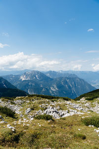 Scenic view of snowcapped mountains against sky