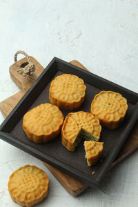 High angle view of cookies in plate on table