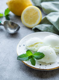 Homemade citrus lemon ice cream with mint on plate