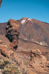 Scenic view of mountains against clear blue sky