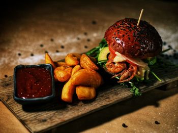 Close-up of burger on cutting board