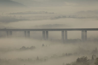 Viaduct on sunrise with morning mist in mountains of croatia