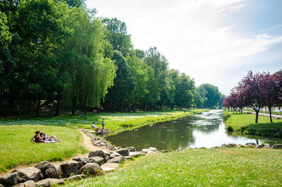 Scenic view of lake by trees against sky