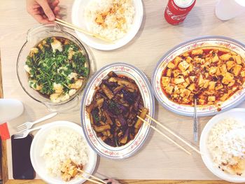 High angle view of breakfast on table