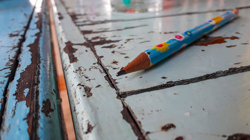 High angle view of colored pencils on table