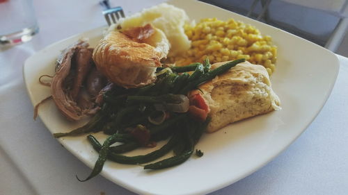 High angle view of food served on table