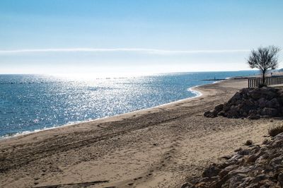 Scenic view of beach against clear sky