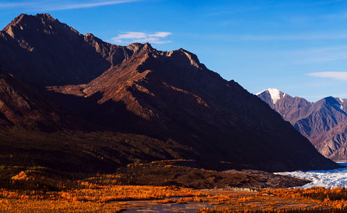 Scenic view of snow capped mountains against sky