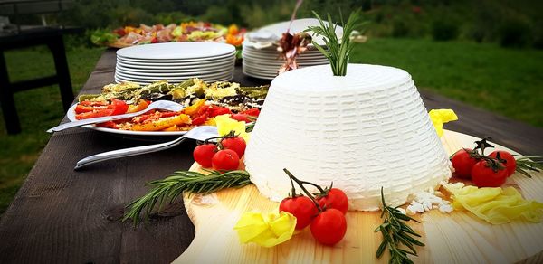 High angle view of various fruits on table