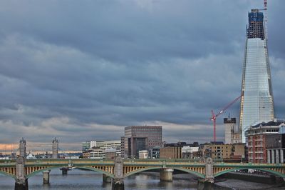 Bridge over river with buildings in background