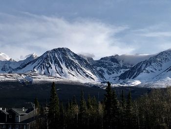 Scenic view of snowcapped mountains against sky