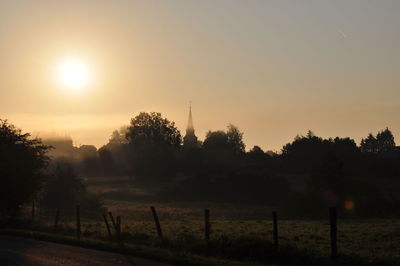 Trees on field against sky during sunset
