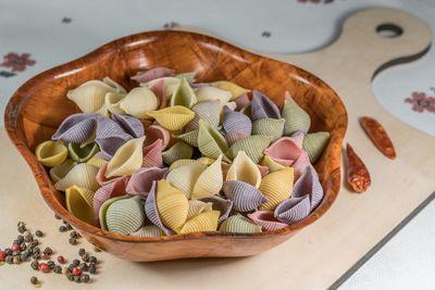 High angle view of pasta in bowl on table