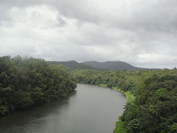 Scenic view of lake in forest against sky