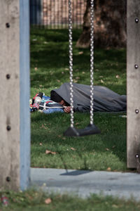 Close-up of clothes hanging on grass
