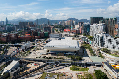 High angle view of street amidst buildings in city