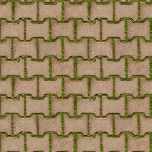 Seamless texture of green grass sprouted between bricks of cobblestone path, top view. 