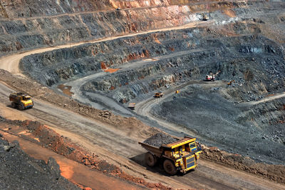 High angle view of construction vehicles at stoilensky mining and processing plant