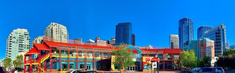 Panoramic view of city buildings against clear blue sky