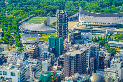 High angle view of buildings in city