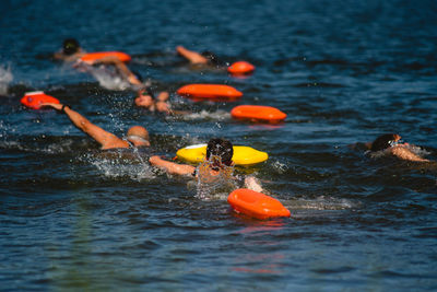 Rear view of people swimming in sea
