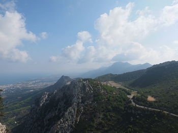 High angle view of mountains against sky