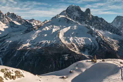 Scenic view of snow covered mountains against sky