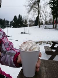 Close-up of hand holding ice cream in winter