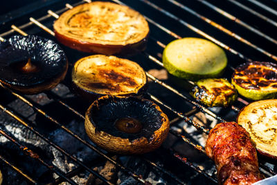 High angle view of food on barbecue