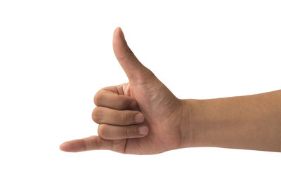 Close-up of human hand against white background