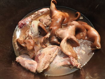 High angle view of meat in bowl on table