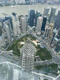 High angle view of modern buildings in city