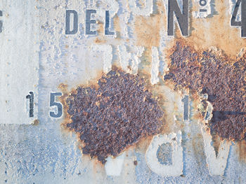 Close-up of text on rusty metal wall