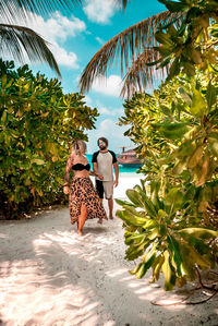 Rear view of woman walking on palm tree