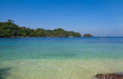 Scenic view of sea against clear blue sky