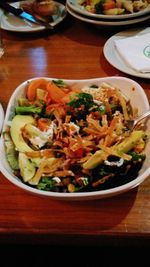 Close-up of served food on table