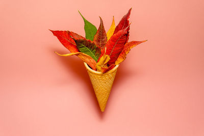 Ice cream cone full of autumn leaves