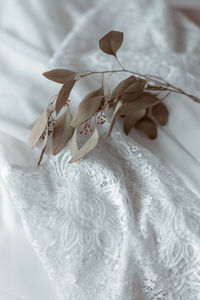 High angle view of white tied hanging on bed