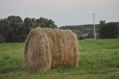 Hay bales on field against sky