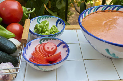 High angle view of fruits in bowl on table