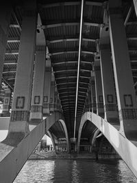 Low angle view of bridge over river in city