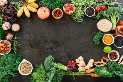 High angle view of fruits and vegetables