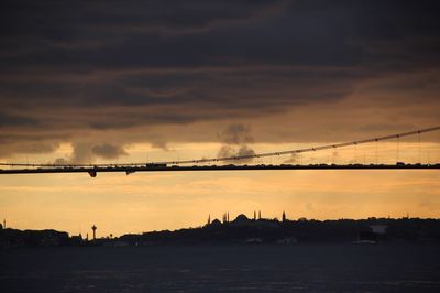 Scenic view of silhouette bridge against sky at sunset