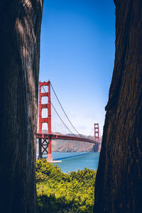 View of suspension bridge against clear blue sky