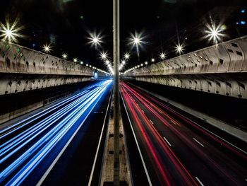 Light trails on railroad tracks at night