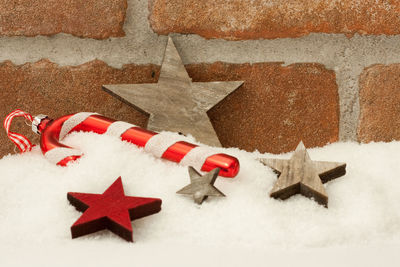 Close-up of christmas decoration on snow