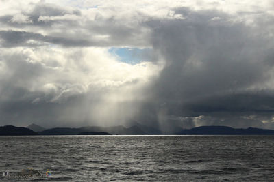 Scenic view of sea against storm clouds